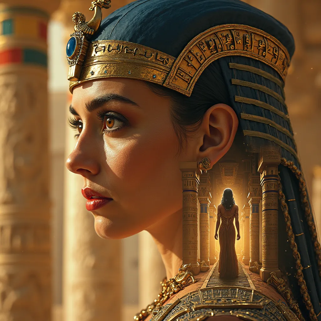 A hyper-realistic, ultra-HD 12K cinematic double exposure movie poster of Cleopatra, blending two powerful visuals in a dual-layered artistic style. The first layer is a close-up of Cleopatra’s regal face, showing her golden Egyptian headdress engraved wit...