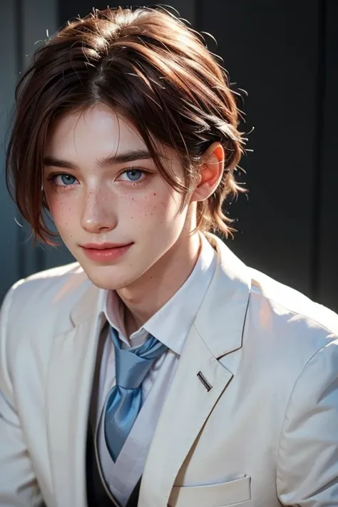 Beautiful German boy with red hair, light blue eyes and white skin, with freckles on his face but only a few,  with an innocent smile , in a black suit and a black tie, .