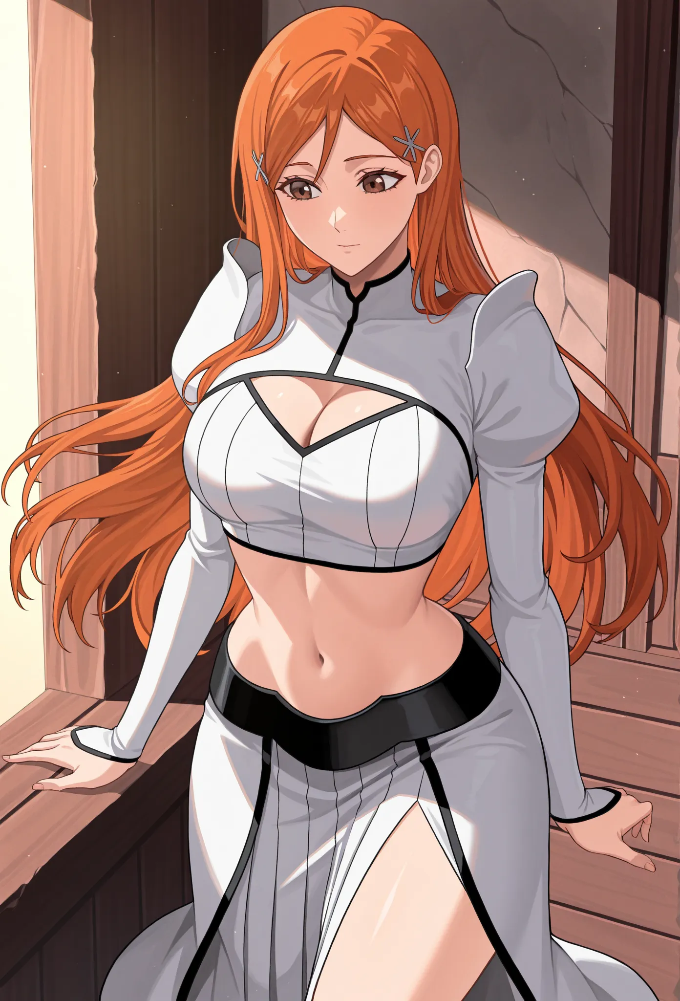 masterpiece, best quality, absurdres, highres, newest, 1girl, solo, inrhmps, brown eyes, orange hair, long hair, inrhmwd, brown eyes, orange hair, long hair, battleoutfit, navel, skirt, midriff, cleavage, long skirt, hair ornament, clothing cutout, crop to...