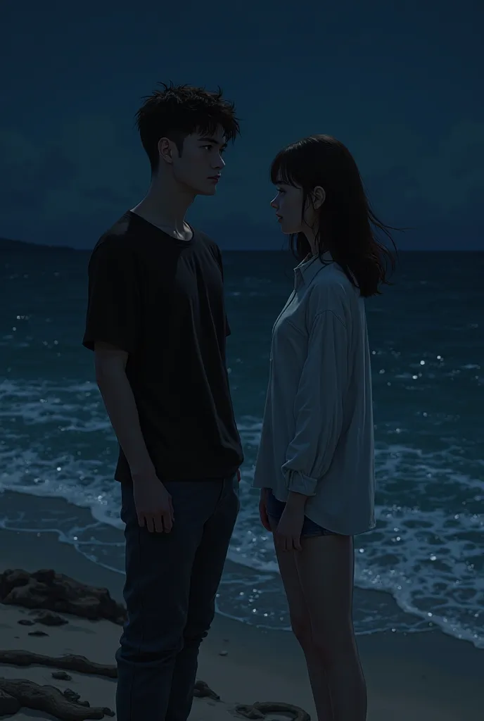 a 25 year old male with hair like a soldier wearing a black t-shirt,a 21 year old woman wearing a white shirt,pose standing on the beach at night 