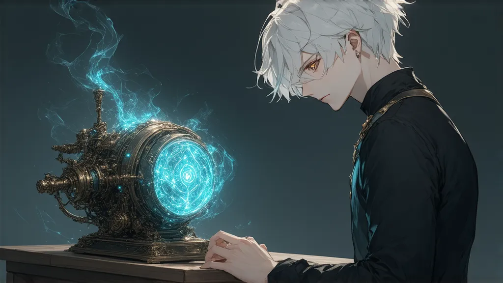 Imagine a 20-year-old male character with white hair standing before a small, strange machine placed on a wooden table. His piercing eyes are filled with awe and curiosity as he gazes at the intricate brass, copper, and silver components of the machine. Th...