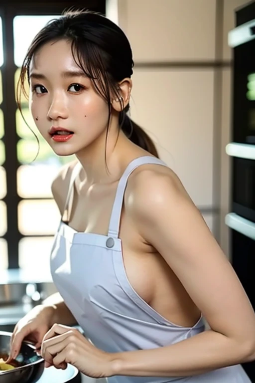 Woman cooking a meal,  , wearing  Nude Apron,( Nude Apron, Thin White Lace Apron for High Resolution Photos ,  See-through Apron  ),( Learn more), Mid-range shooting , enchanting smile , Detailed facial expression 、 Beautiful chest、Small, round breasts,(si...