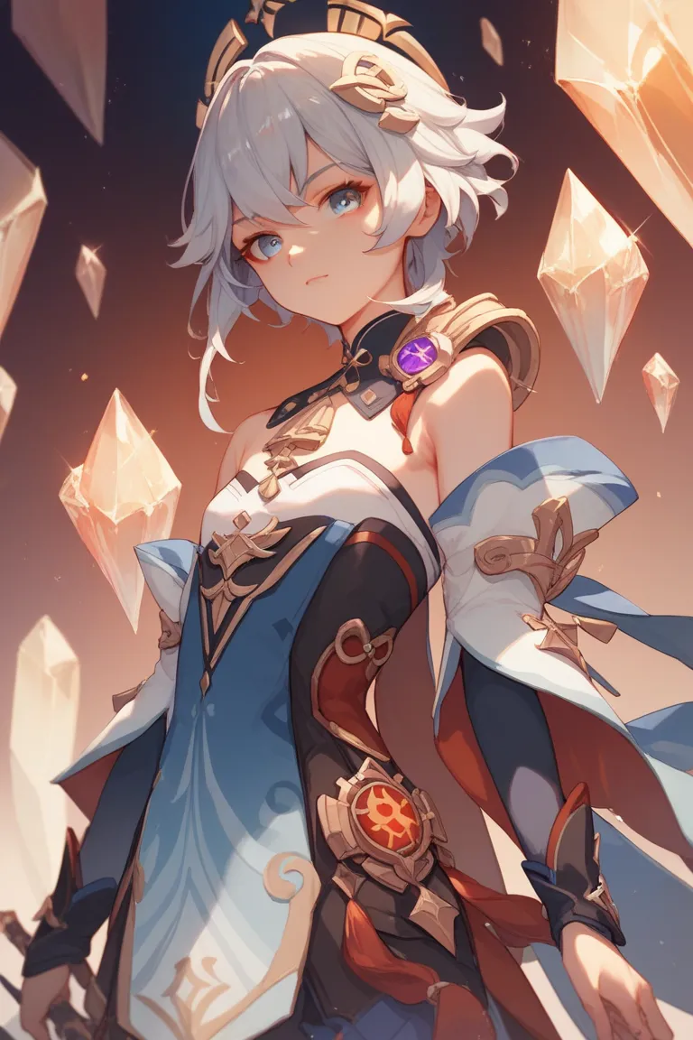 1 girl, short hair, turns her gaze,  Silver Hair, blue eyes, high resolution, anime, standing up picture, Genshin、 flat chest、smiles, red face, Performer 、Put the bird on your shoulder、Having an ocarina、Crystal Body