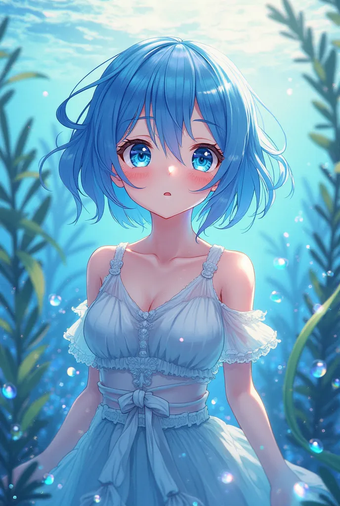 typical anime vtuber with short blue hair on the theme of the ocean and a little seaweed decoration 