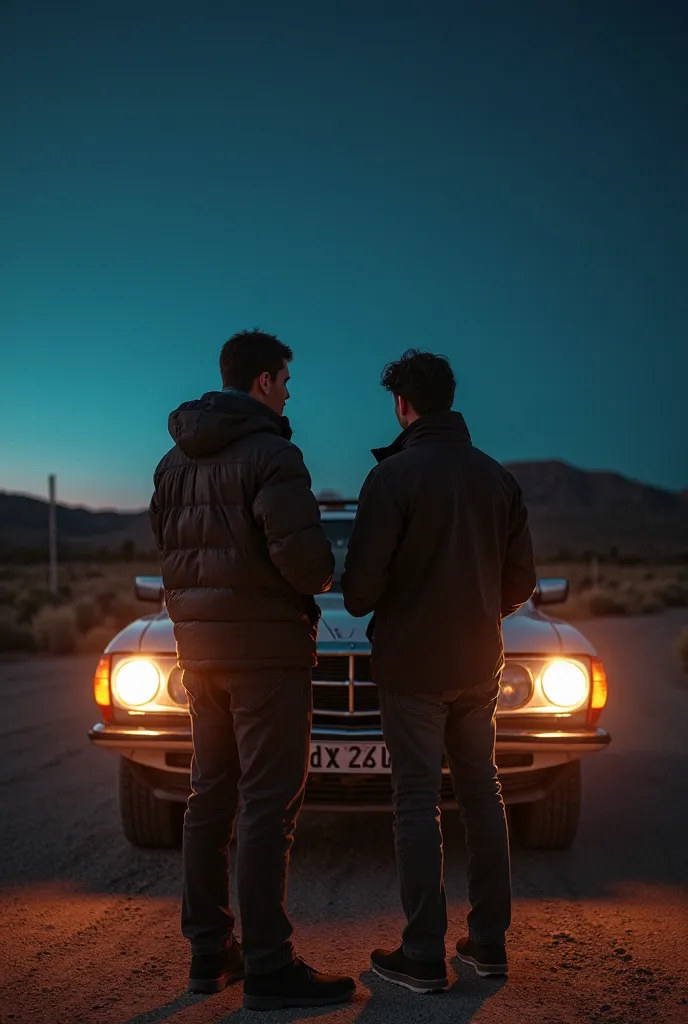 there are two men standing next to each other in front of a car, mc escher and ronny khalil, competition winning, taken in the night, ash thorp khyzyl saleem, awar winning, high quality scan, extremely graphic, wining, 1 st winner, high quality upload, hid...