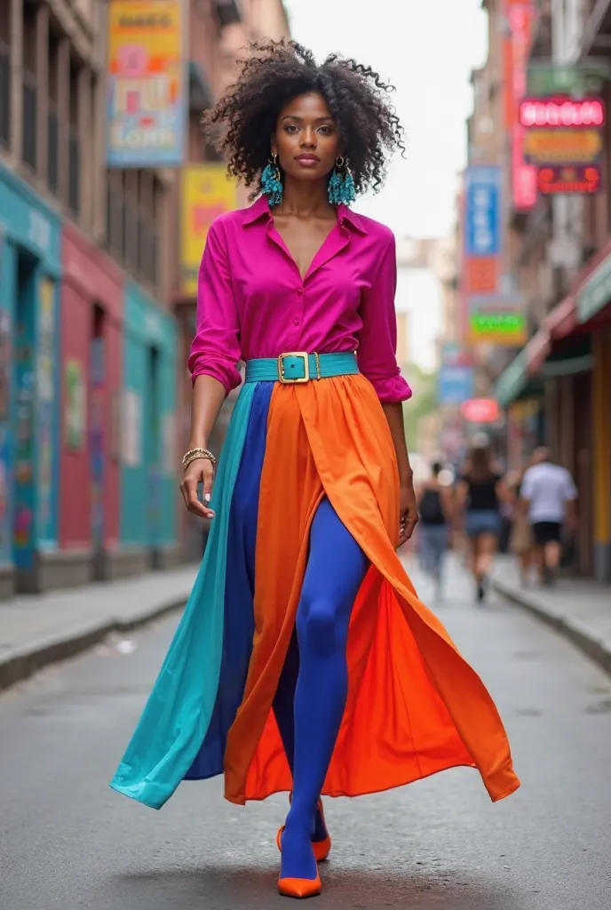 "A confident woman striding down a lively urban street, dressed in a stunning color-blocked maxi skirt featuring bold pink, tangerine orange, and sky blue hues. She pairs it with a fuchsia belted blouse and deep cobalt tights, adding contrast and vibrancy....