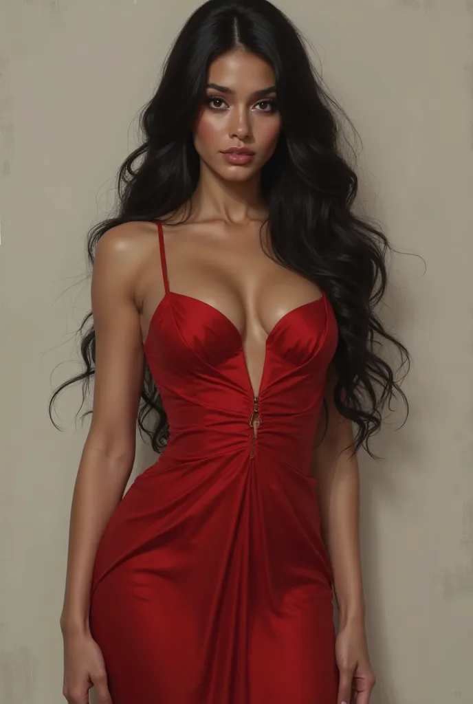 girl, tall, beautiful, sexy, long black hair, black eyes, wearing a formal red dress, curve body