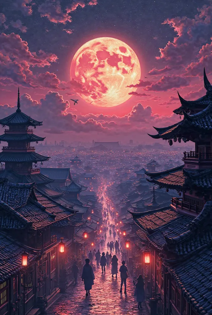 Japanese cityscape in 1860、The background is night、purple and red background、 full moon、high resolution, 