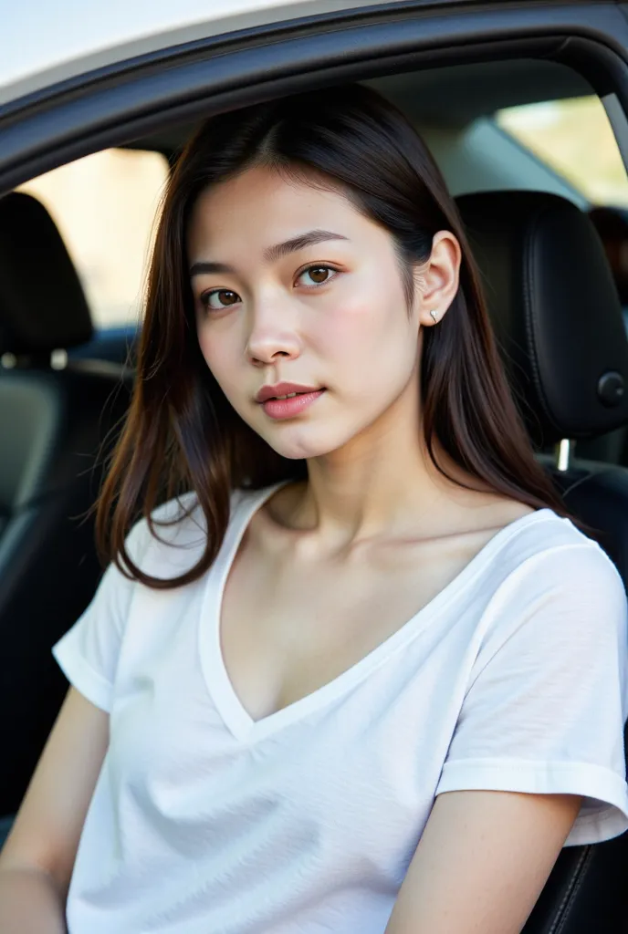 portrait of a white-skinned Asian woman sitting in the front seat of a car, wearing a loose t-shirt, long hair