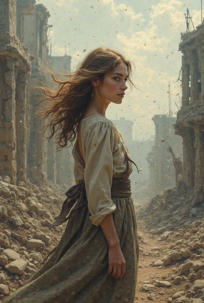 Beautifull girl with long brown hair standing in middle of world war