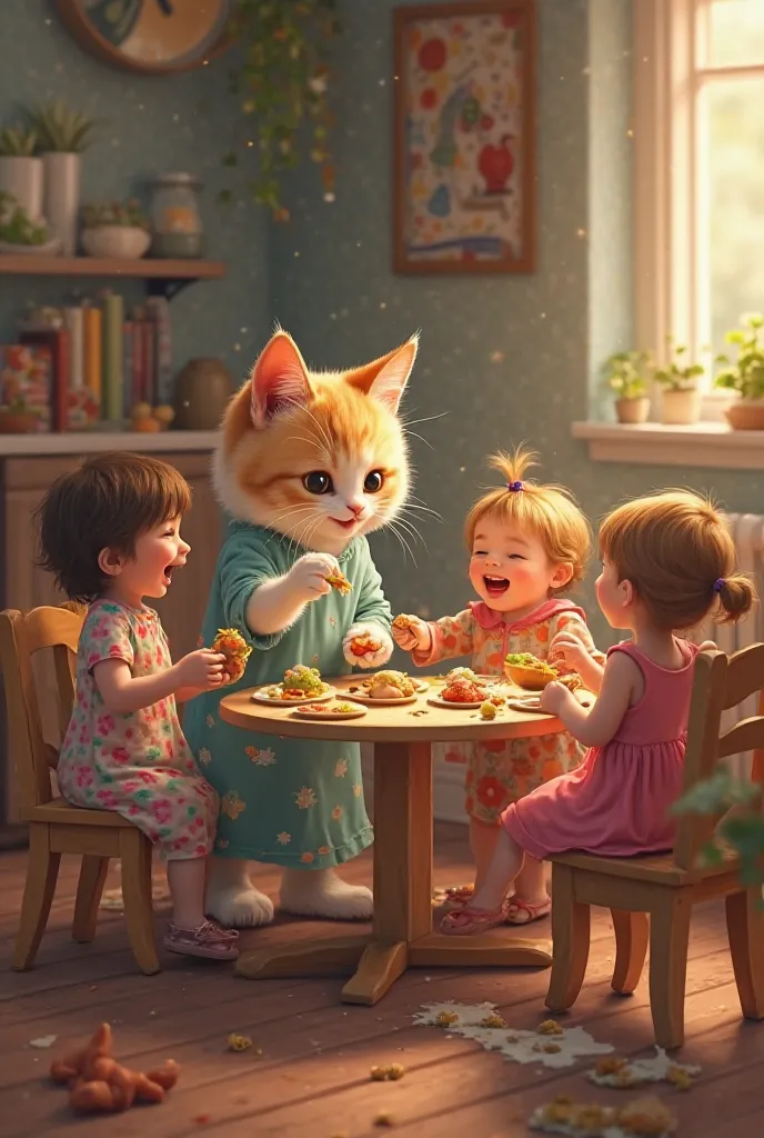 The same cute cat, still wearing its adorable, colorful dress, is now feeding its small ren in a cozy and warm home setting. The cat is gently holding a spoon or a small bowl, lovingly offering food to the same small ren, who are dressed in their vibrant o...