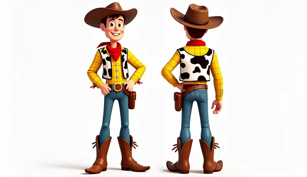 In human form, this character would appear as a friendly and confident cowboy with a slim build. He wears a yellow plaid shirt, blue jeans, and a brown belt with a large buckle. His outfit includes a brown cowboy hat, brown boots with spurs, and a red band...