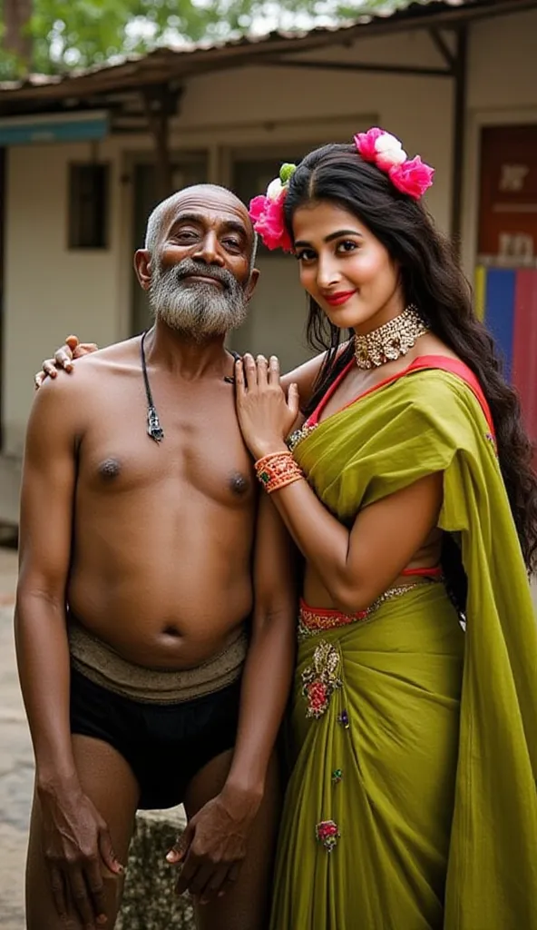 A 35 year old indian sexy lady wearing a green colour saree with red colour jocket, she put some flowers on her head, she has a traditional hair style, she has a red juicy lips, bridal makeup, smiling and charming beauty, tempting beauty, she is an extreme...