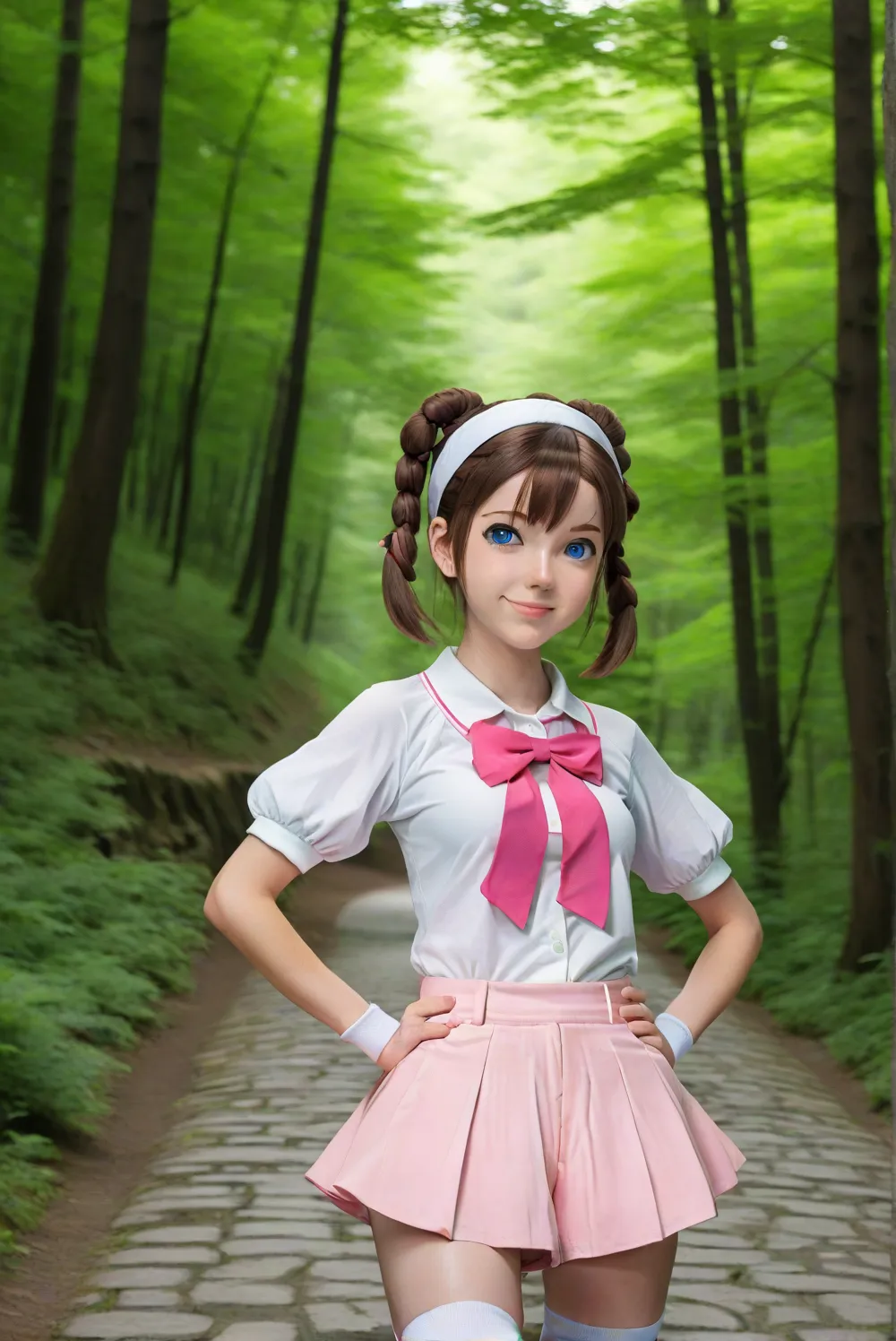 Score_9, Score_8_up, score_7_up, score_6_up solo, 1rosa1, blue eyes, brown hair, twintails, double bun, 2default2, white shirt, raglan sleeves, pink bow, visor cap, black pantyhose, yellow shorts, sneakers, pink socks, looking at viewer, standing, forest, ...