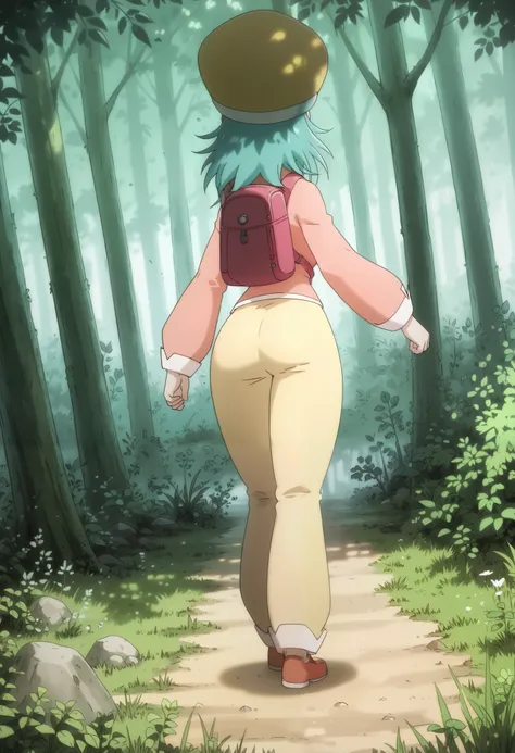 ponzu, hat, light blue hair, light blue eyes, solo, score_9, (ultra nude breasts:1.2, ultra huge tits:1.2, ultra huge cleavages:1.2, ultra huge boobs:1.2), long sleeve pink shirt, red long pants, backpack, shoes, in deep forest, trees, grasses, rocks, soli...