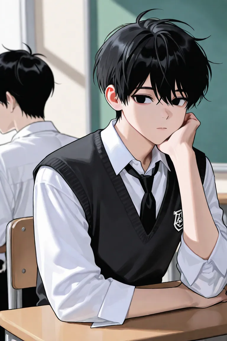 Korean high school student, BLACK EYES,is expressionless,short cut black hair,man,classroom background,chin on the white shirt is hurting,white shirt with black tie and black vest