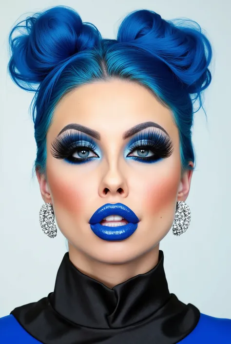 incredibly long and voluminous false eyelashes, bright blue makeup, blue hair , diamond earrings , collar, blue lips, her lips are pursed., bow shaped hair ,