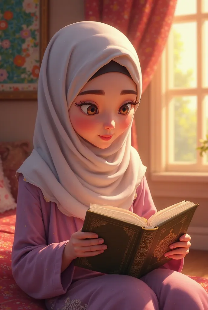 Make a cartoon of a Muslim lady reading the Koran.