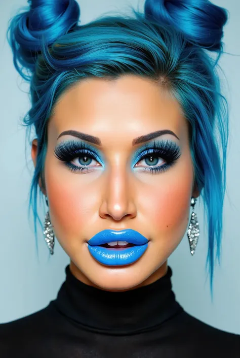 incredibly long and voluminous false eyelashes, bright blue makeup, blue hair , diamond earrings , collar, blue lips, her lips are pursed., bow shaped hair ,