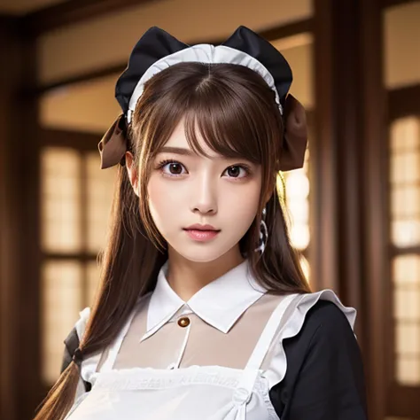 highest quality, masterpiece, 8k, Ultra-high resolution, (Realistic: 1.4), 1 girl, Beautiful Face, Symmetrical eyes, big, Perfect Body Proportions, ((Long Hair))、((Brown Hair:1.5)), Maid、((ゴスロリ風Maid服:1.4)), Viewer&#39;sight, ((Coffee shop、Blurred Backgroun...