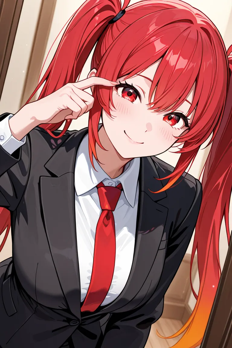 A woman with a red twin-tail. Wearing a black suit and red tie, she raises her eyes and has a mischievous smile. The place is inside the room.