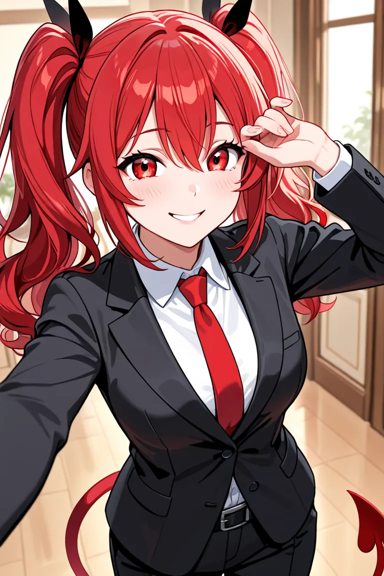 A woman with a red twin-tail. Wearing a black suit and red tie, she raises her eyes and has a mischievous smile. The place is inside the room.