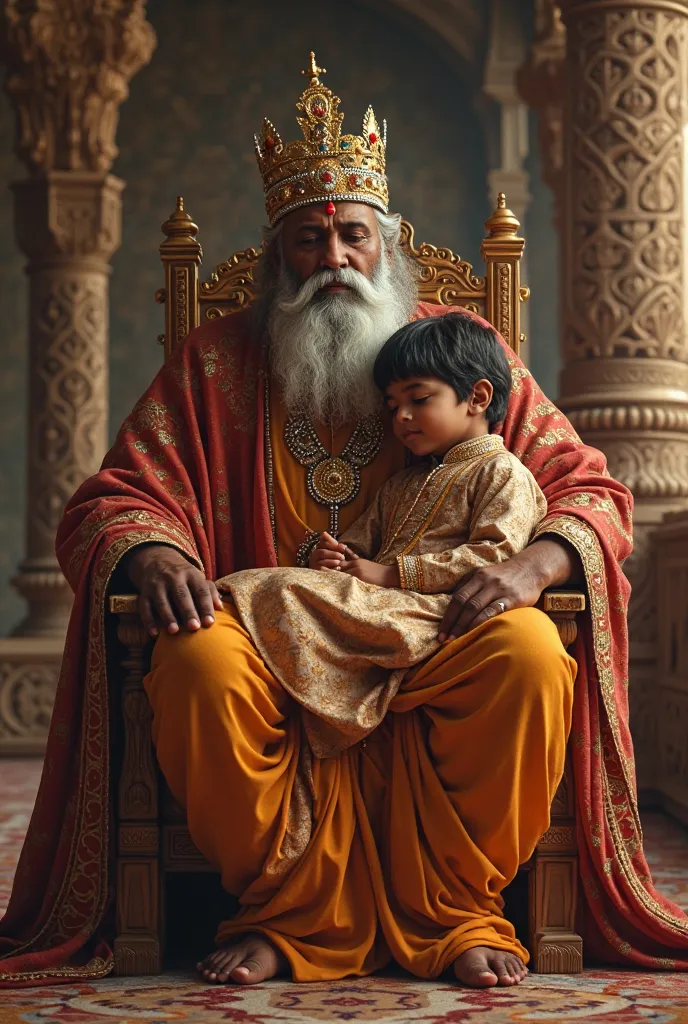 A boy in indian clothes trying to sleep on his father's lap who is a king and its historic 