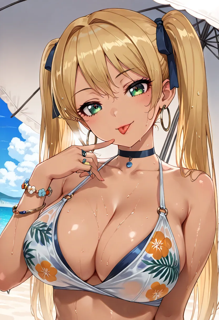 Portrait,     cute girls, alone,  model， I&#39;m blonde ，My hair color is blonde，Fringe bikini[[flower，Floral pattern，Ring Decor，sexy]，  see-through，ribbon，round bust   ，long hair， My hairstyle is twin tails です，   My hairstyle is twin tails  ,  golden twin...