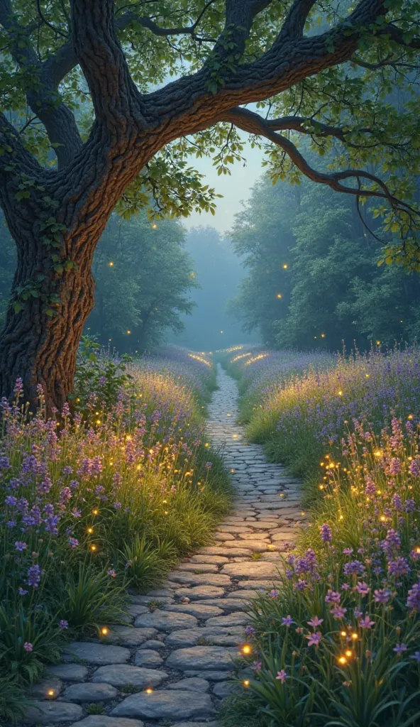 "A narrow ancient stone lane, worn smooth by time, winds through an enchanted meadow. The path is lined with wildflowers of every color, their petals glowing faintly under the soft silver moonlight. The air is rich with the sweet scent of blooming lavender...