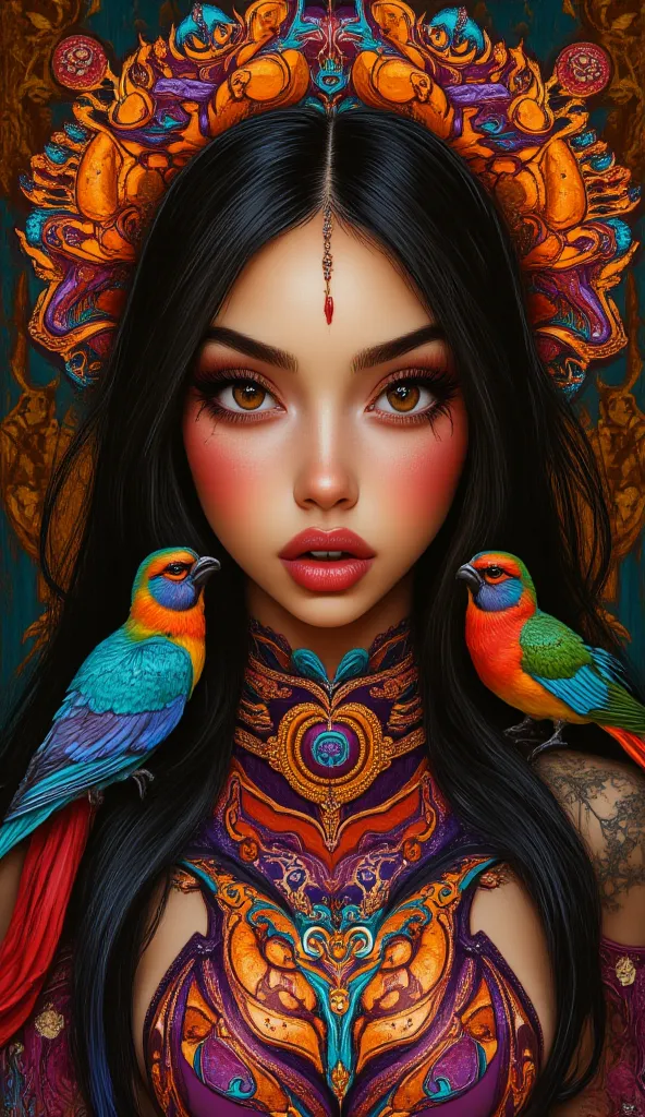 This vibrant and whimsical image depicts a young woman with striking features. She has large, expressive eyes with captivating golden irises, and her long, dark hair frames her face against a backdrop of intricate, colorful patterns. The woman is adorned i...