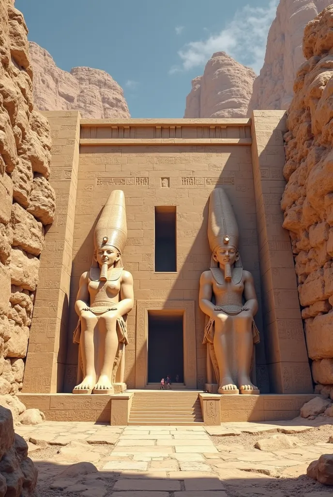   A stunning view of Hatshepsut’s massive temple, carved into cliffs with statues and columns.