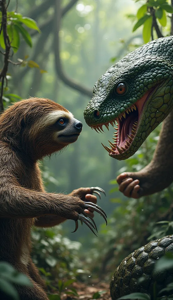 Sloth and Anaconda angry face to face. 