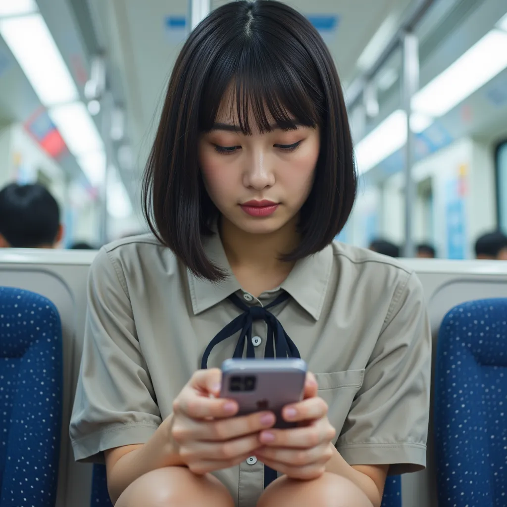 Japanese high school girl, sitting on a commuter train, fiddling with her phone, Wearing school uniform.close her.black bob hair.natural makeup.big breasts.beautiful legs.