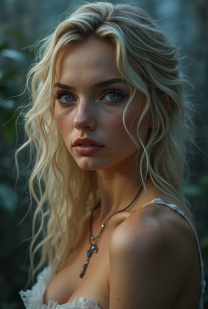 nsfw,young russian girl,blue eyes,curly long hair,wet hair,light blonde hair,naked,jewellery,detailed portrait,beautiful face,seductive expression,soft skin,feminine curves,alluring pose,elegant accessories,mystical background,moody lighting,cinematic colo...