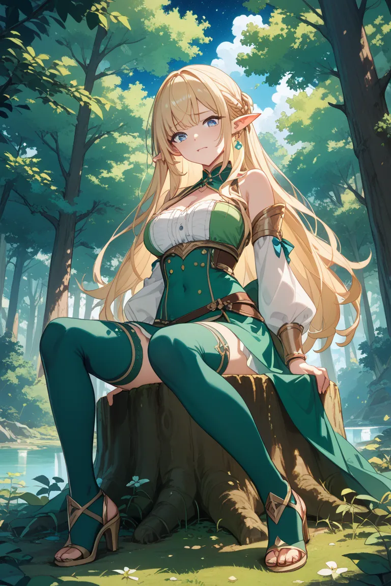 Potun and an elf girl are sitting on a large stump in a large forest、is surrounded by thick, large trees、 overall dark、Only the area around the girl is slightly brighter、 long straight blond hair 、slender blue eyes、healthy white skin、Green Slightly Flare C...