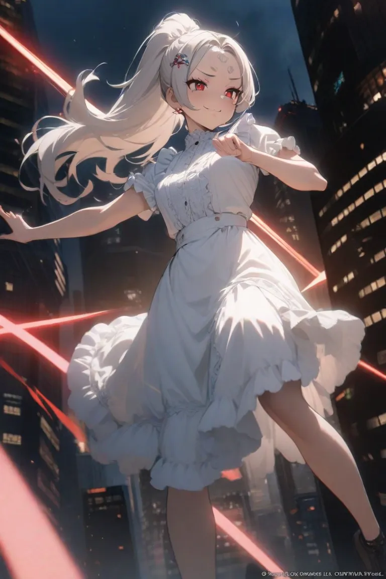 1girl, long white bone fluffy ponytail hair, show forehead, hairpin, split bangs,mature, a white victorian dress with exaggerated ruffle hem and short sleeves with red ornament, piercing bright red eyes, flying amongst skyscraper,night , neon, spark, hd, d...