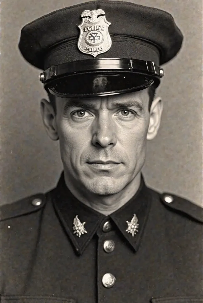 A historical, black-and-white photograph of a Caucasian male police officer in uniform. He appears to be in his 30s or 40s, with a strong, clean-shaven face, round features, and a determined but neutral expression. His eyes are focused forward, looking dir...