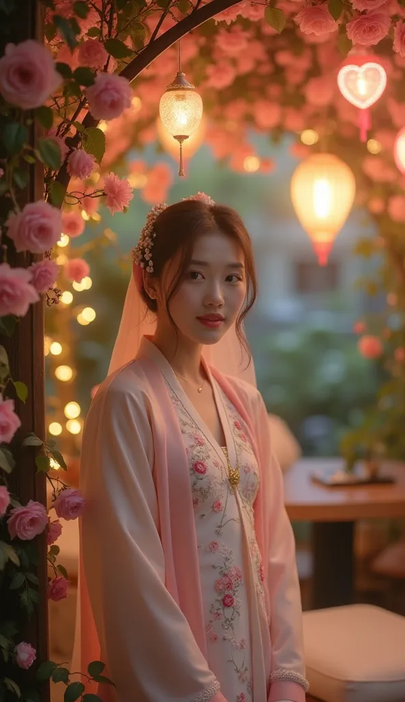 Agraceful Korean woman peeks from behind cascading roses, slightly chubby, her pastel-colored hanbok adorned with delicate floral embroidery that blends seamlessly with the enchanting garden around her. A silky hijab drapes elegantly over her shoulders, ac...