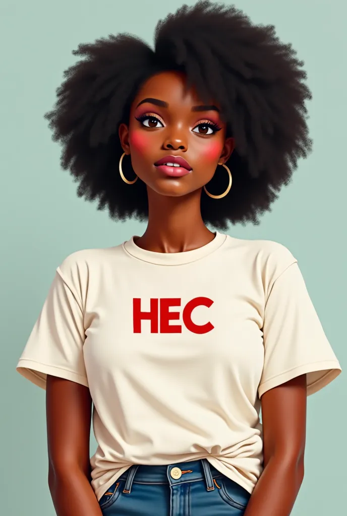 A 20-year-old black girl wearing a T-shirt that says HEC