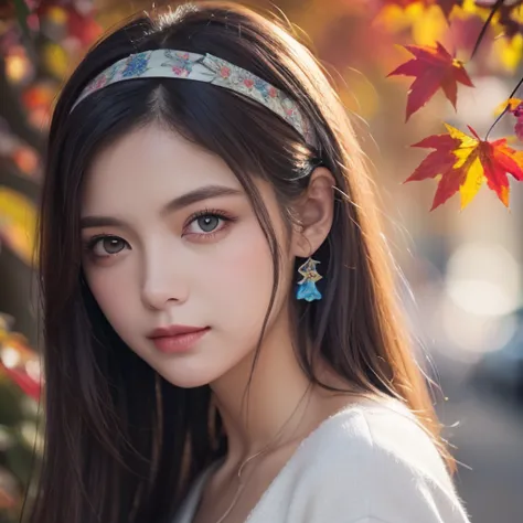 (8k,  top quality, masterpiece: 1.2), ( top quality: 1.0), ( ultra high definition: 1.0), watercolor,  beautiful women, (輝く瞳,  Blue Peoples with Handguns ),shoulder,  headband , Agnes Cecil,  Bust Portrait , Extremely bright design,  pastel color, autumn l...