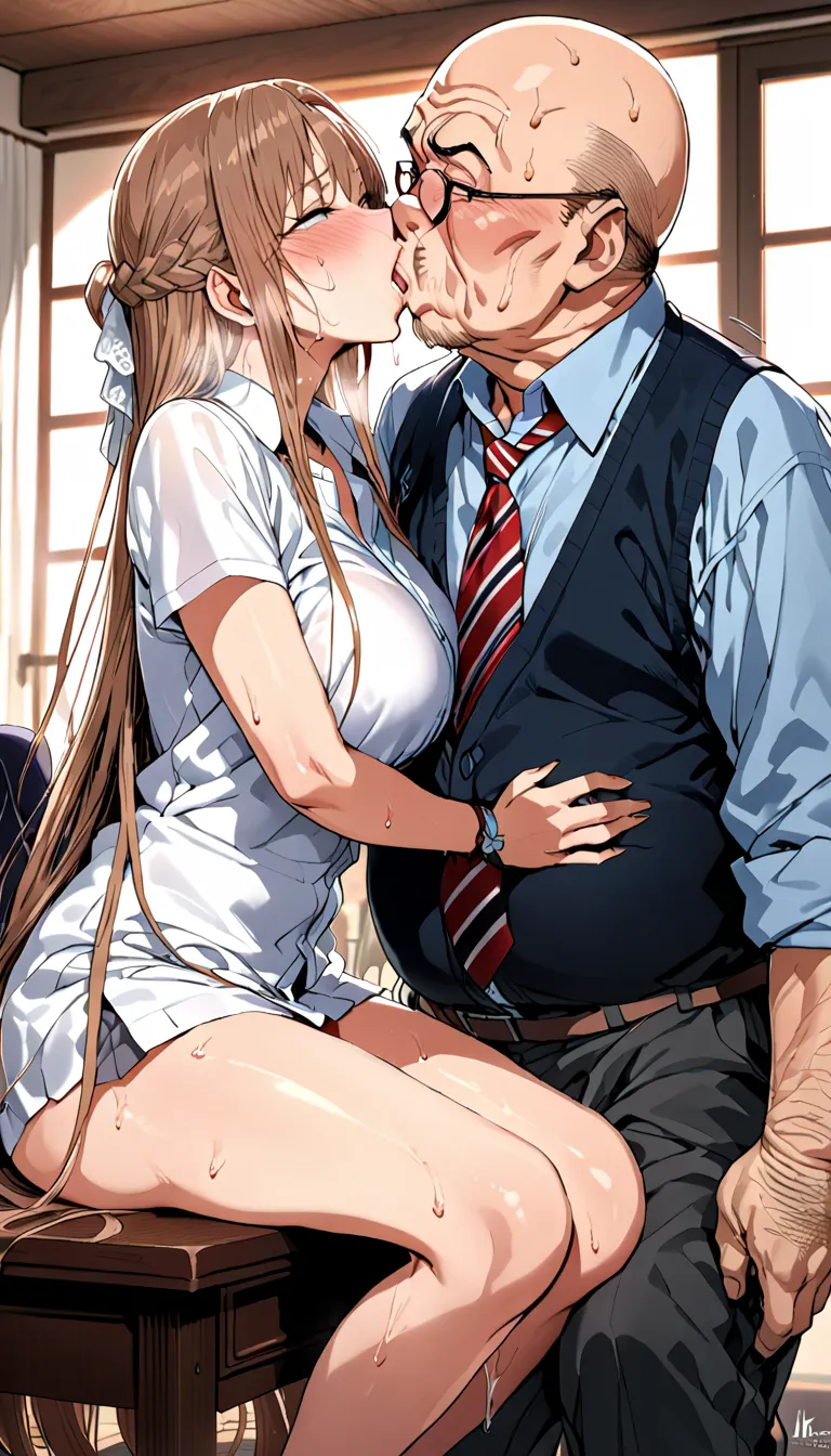  High quality ,ultra  HD ,  HD illustration ,Yuuki Asuna, masterpiece, Very detailed,Bondage ,  HD , Japanese , Breaking the focus , MATURE OVERSEX COUPLE ,(married mature secretary is a creepy old pervert，with shiny lips and an old man, Hairy bald face ),...