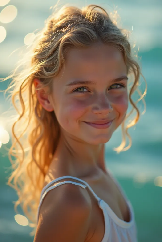 A mesmerizing close-up portrait of a gorgeous littlA joyful, bare-skinned girl exudes confidence, surrounded by gently rolling waves, the vibrant cerulean sea contrasting beautifully with her soft, peachy tones, bathed in glowing afternoon light.e bird ill...