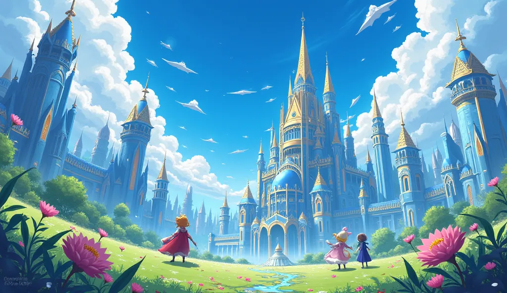  Anime style, anime background, The magical world , magic buildings,  bright blue sky, A bright sunny day