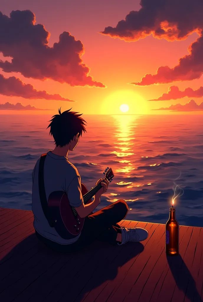 
"A melancholic anime-style scene of a lone young man sitting on the deck of a large ship in the middle of the vast ocean during sunset. The sky glows with deep orange, pink, and purple hues, casting a warm yet sorrowful atmosphere. He holds a guitar in hi...