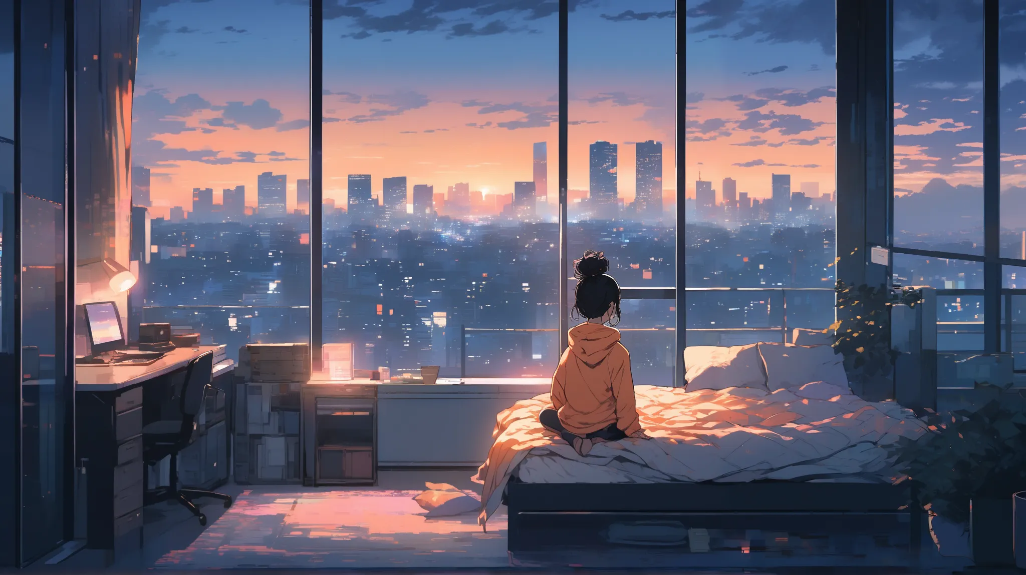 A highly detailed digital illustration of a young girl with black hair tied in a messy bun, sitting on her bed in an urban high-rise apartment. She wears an oversized white hoodie and gazes outside with a calm and melancholic expression. The large window b...