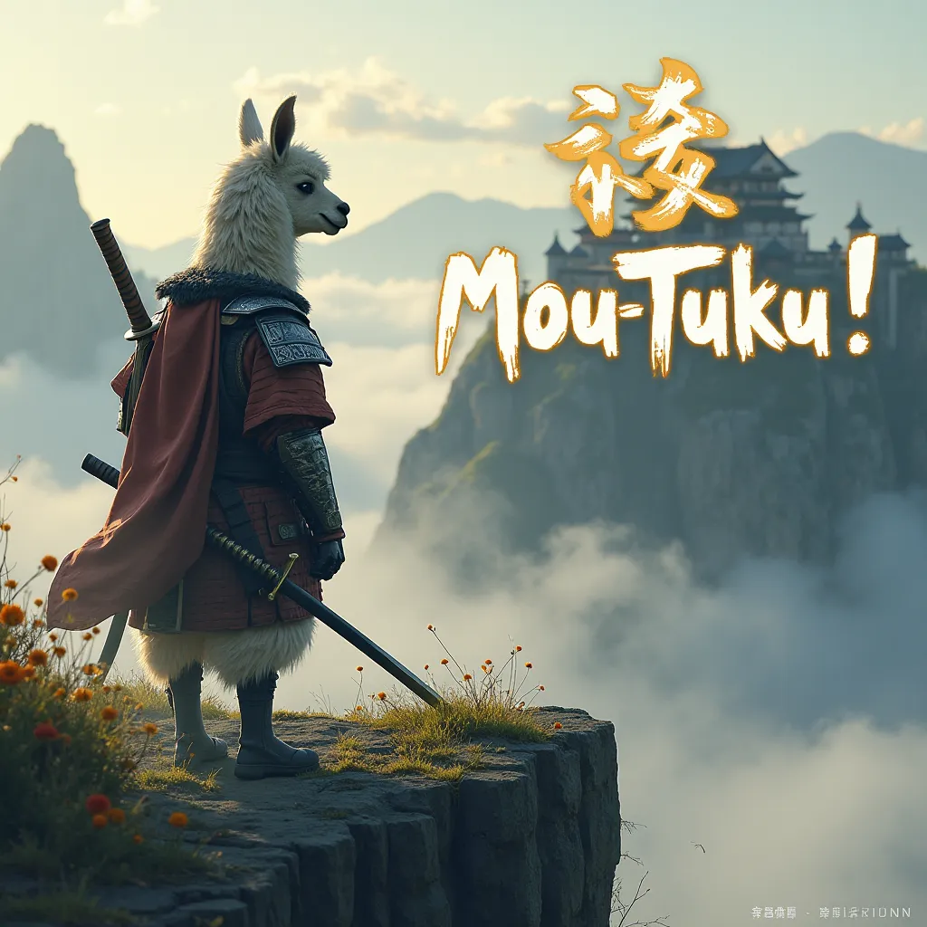 2. "Mou-Tsuku!"
Depict an alpaca samurai standing at the edge of a vast cliff, gazing at a legendary castle in the distance. His katana is sheathed at his side, but his stance is solid and unwavering, as if he’s announcing his imminent arrival. His armor g...