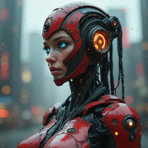 **"A hyper-realistic cybernetic humanoid with a sleek, futuristic design, seamlessly blending organic beauty with advanced robotics. The female cyborg features a detailed **crimson red and metallic black exoskeleton**, adorned with intricate mechanical eng...