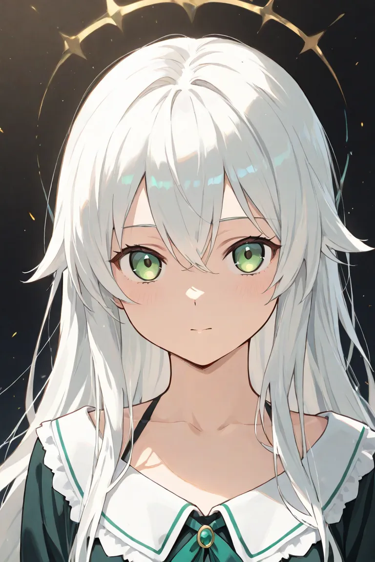 Beautiful girl with white hair long hair green eyes, A little bit of anime-style chest  