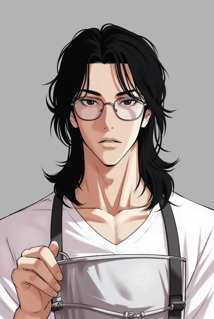 Black hair, gray eyes, mullet hair, wearing a white shirt, a good-looking man, a straight face, a handcuffed bucket, wearing clear framed glasses.