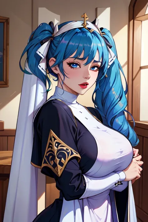 (masterpiece, best quality, absurdres, 4k, aesthetic, detailed, intricate),1girl,nikkecrwn,tiara, hair ribbon, blue hair, twin hair tails,
Sona from League of Legends,    black and white nun's clothes, 




